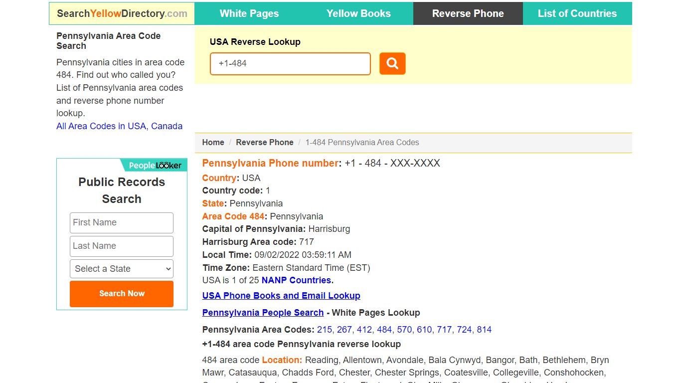 Pennsylvania Area Code 484 Reverse Phone Number Lookup